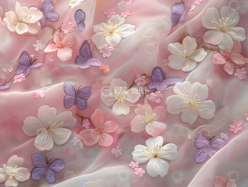 高清大图下载【趣麦麦图】粉色布料花朵蝴蝶