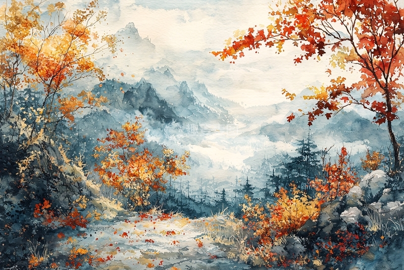高清大图下载【趣麦麦图】秋季山水水彩画