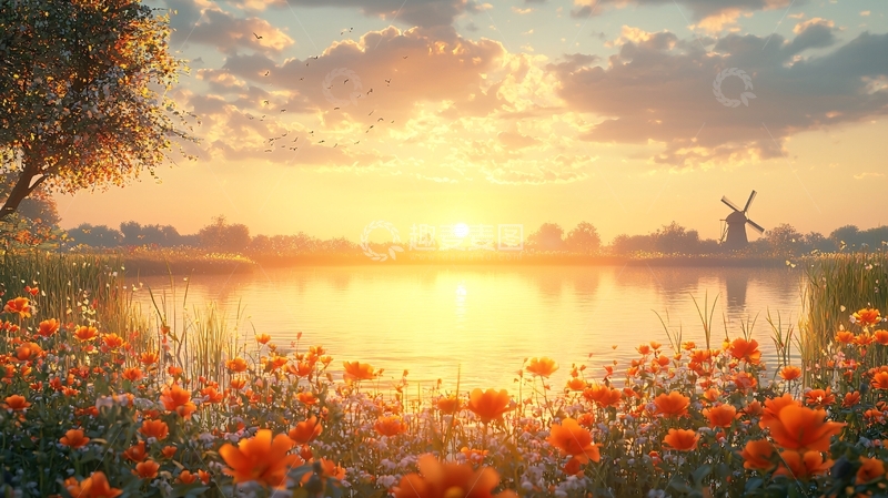 高清大图下载【趣麦麦图】平静湖面上的金色日落