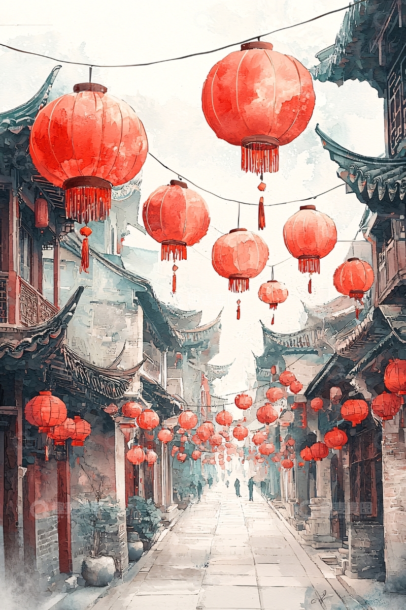 高清大图下载【趣麦麦图】红灯笼悬挂古镇水彩画