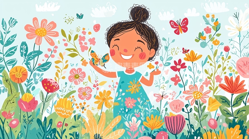 高清大图下载【趣麦麦图】快乐女孩鲜花蝴蝶