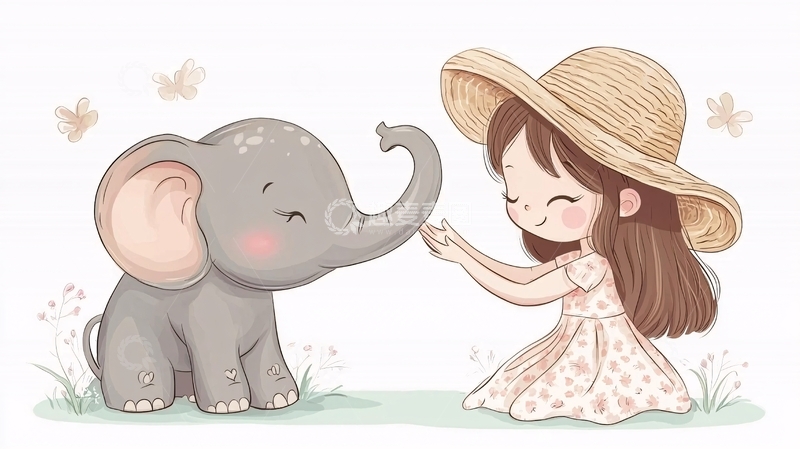高清大图下载【趣麦麦图】可爱女孩与小象