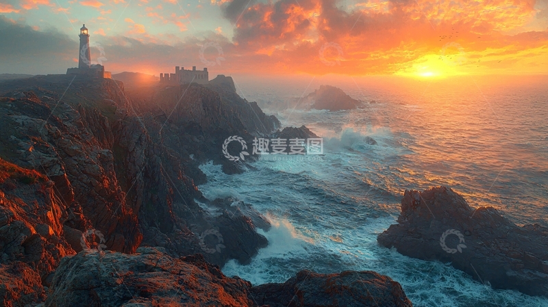 高清大图下载【趣麦麦图】日落海景灯塔