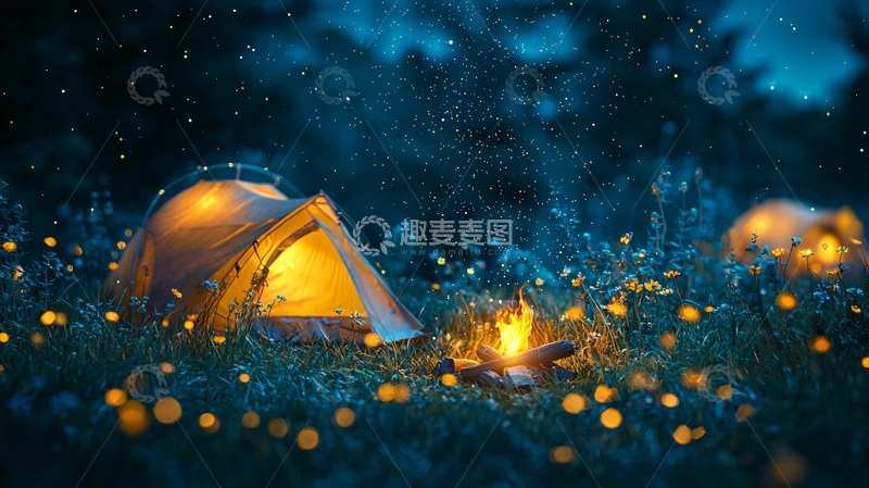 高清大图下载【趣麦麦图】夜晚草地上的露营帐篷
