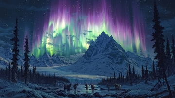 极光下的雪山山脉