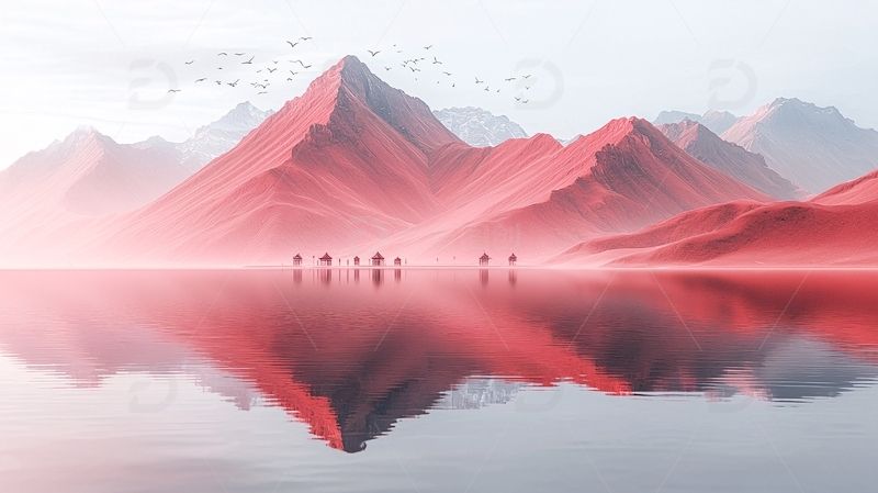 高清大图下载【趣麦麦图】水面倒影下的红色山峰