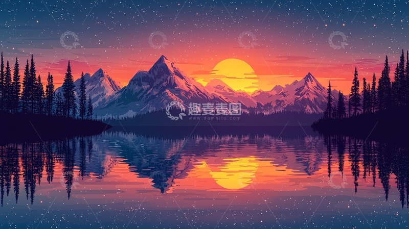 高清大图下载【趣麦麦图】日落雪山湖泊景色