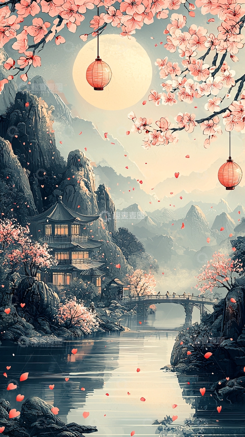 高清大图下载【趣麦麦图】中式山水桃花灯笼夜景