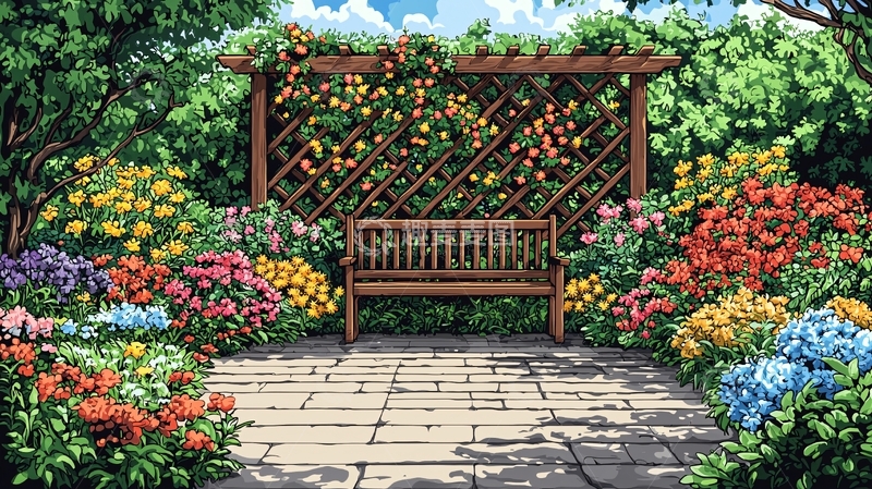高清大图下载【趣麦麦图】花园长椅花架背景