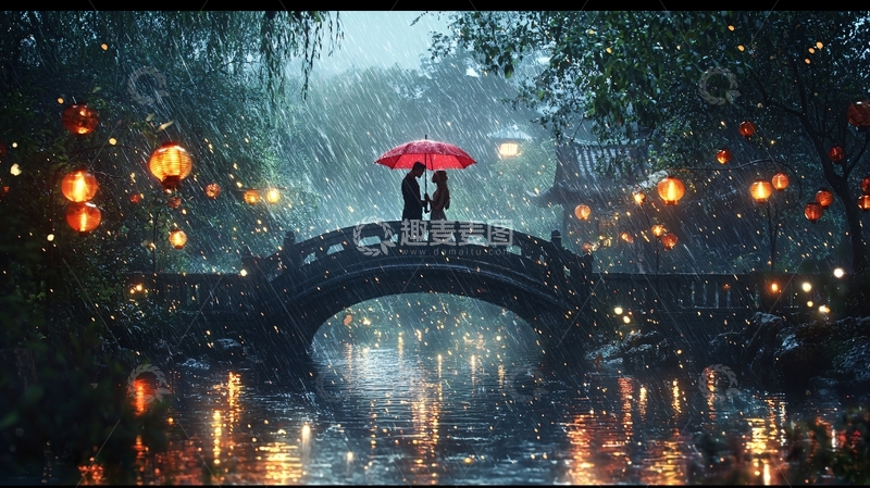 高清大图下载【趣麦麦图】雨中桥上情侣