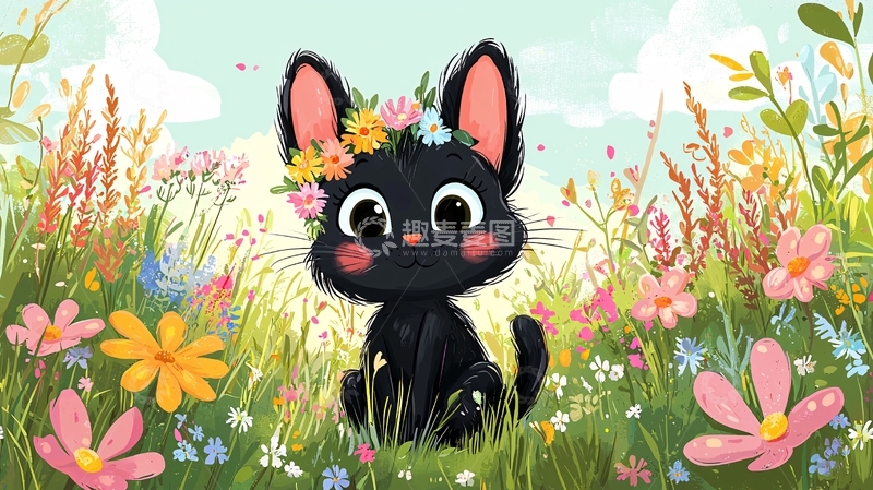 高清大图下载【趣麦麦图】戴花环的小黑猫