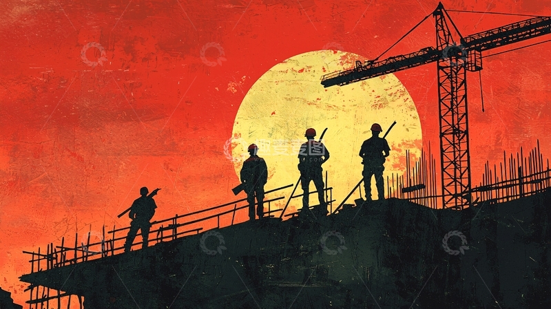 高清大图下载【趣麦麦图】红色天空下工地工人剪影