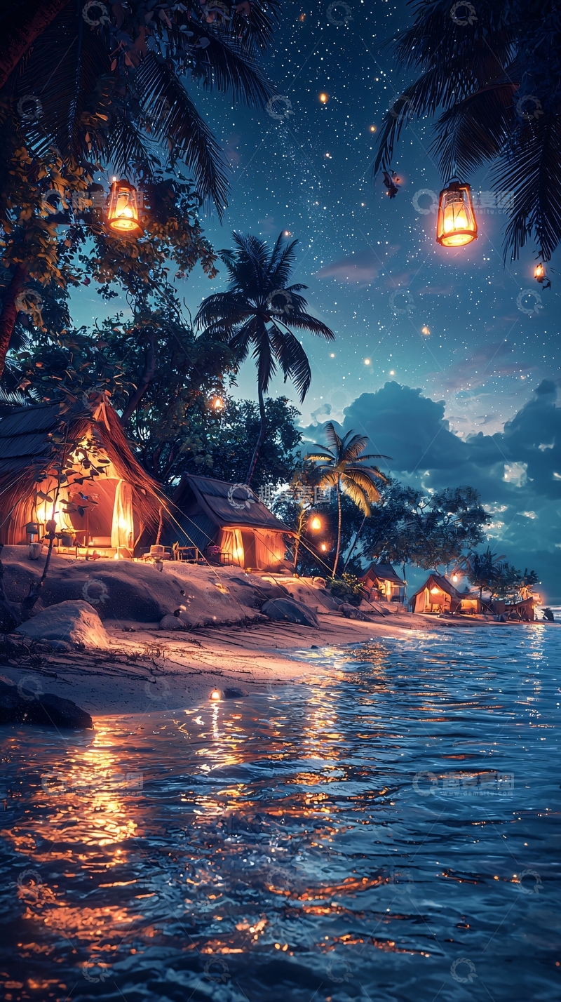 高清大图下载【趣麦麦图】热带海滩夜景