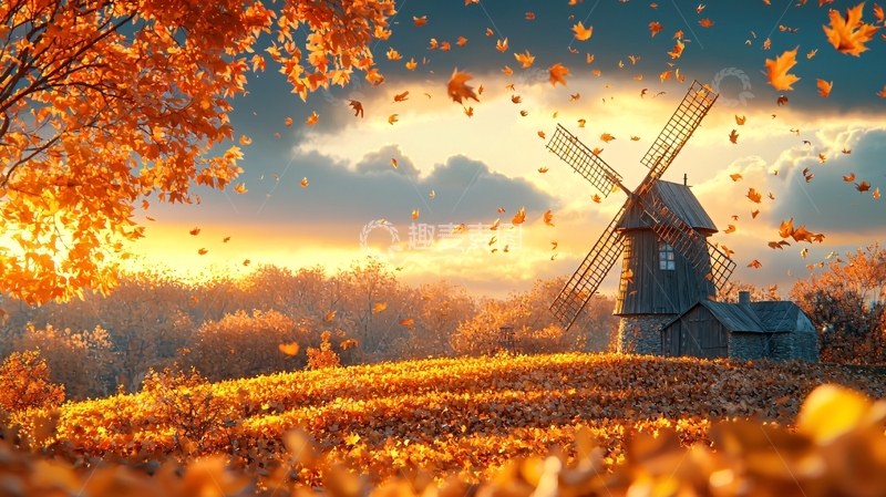 高清大图下载【趣麦麦图】秋日风车落叶纷飞