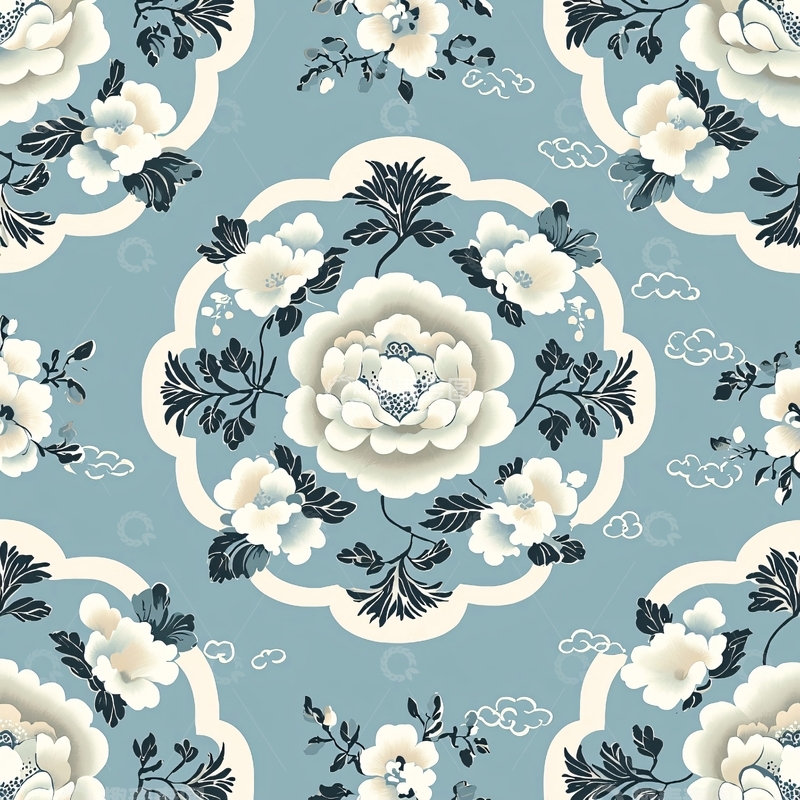 高清大图下载【趣麦麦图】浅蓝色底白色花朵图案