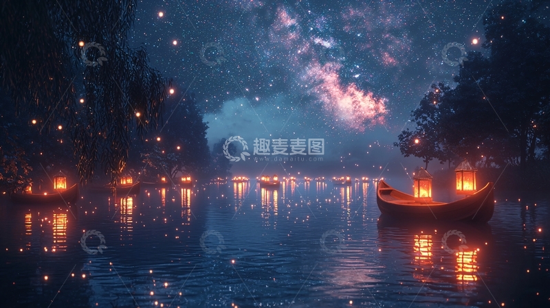 高清大图下载【趣麦麦图】夜空下湖面漂浮灯笼船
