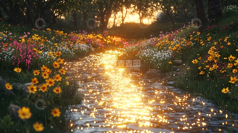 高清大图下载【趣麦麦图】阳光洒在花丛小溪上