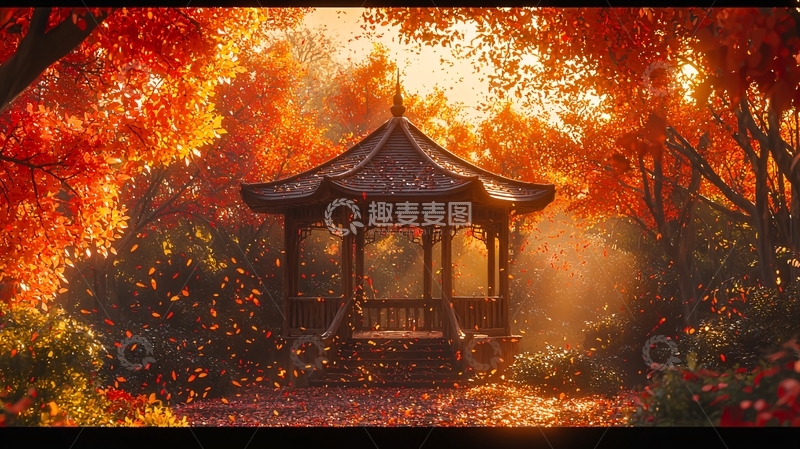高清大图下载【趣麦麦图】秋日凉亭在树林中