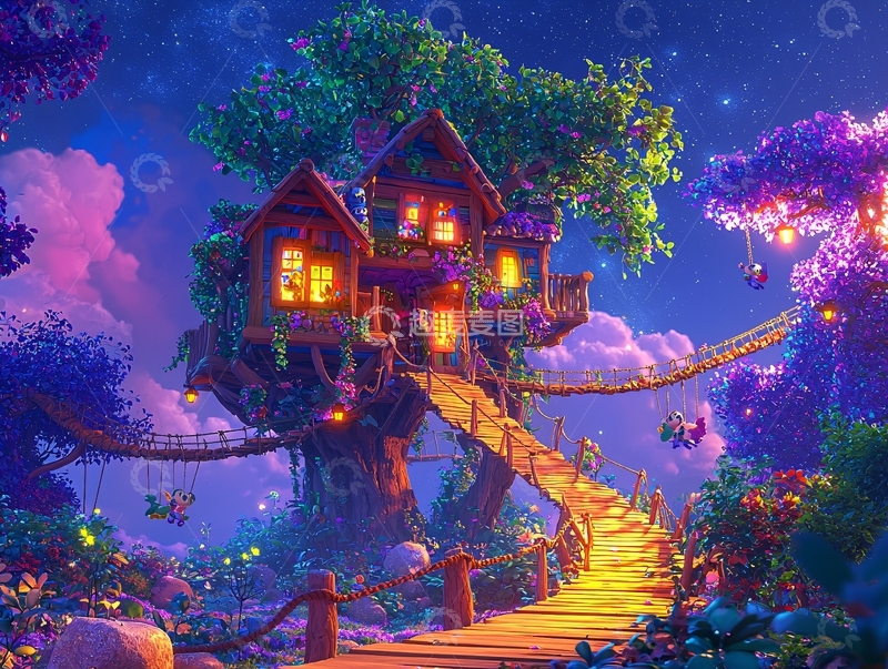 高清大图下载【趣麦麦图】奇幻树屋夜景