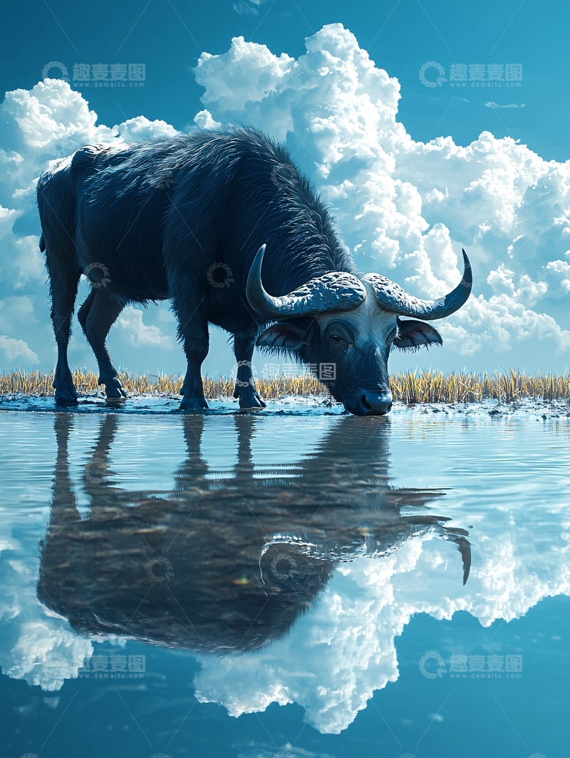 高清大图下载【趣麦麦图】水牛在水边饮水
