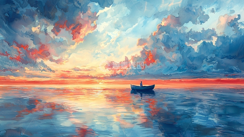 高清大图下载【趣麦麦图】水天一色孤舟剪影
