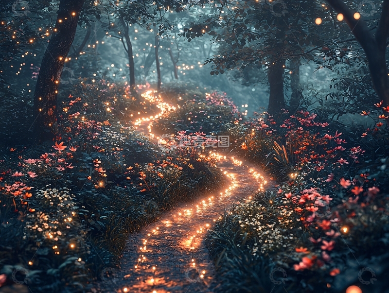 高清大图下载【趣麦麦图】林间小路点缀着灯光