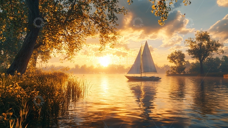 高清大图下载【趣麦麦图】湖面帆船日落美景