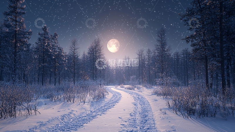 高清大图下载【趣麦麦图】月夜雪景森林小路