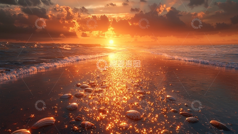 高清大图下载【趣麦麦图】海边日落金色沙滩