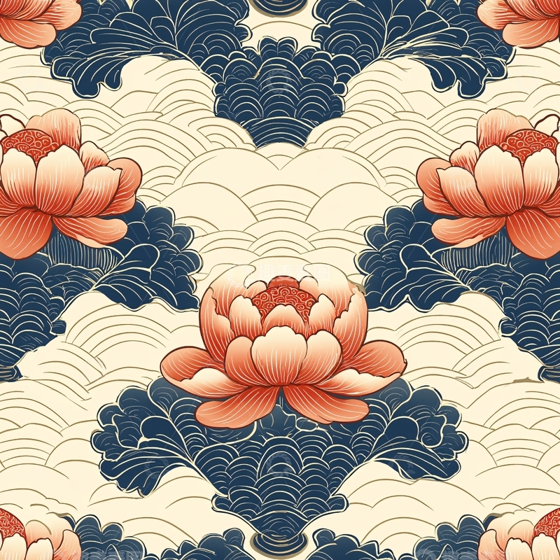 高清大图下载【趣麦麦图】粉色牡丹蓝色祥云古典纹样