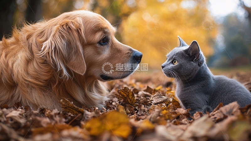 高清大图下载【趣麦麦图】金毛犬与蓝猫秋日相遇