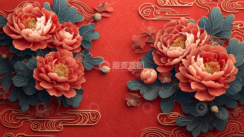 高清大图下载【趣麦麦图】红色牡丹花背景纹样