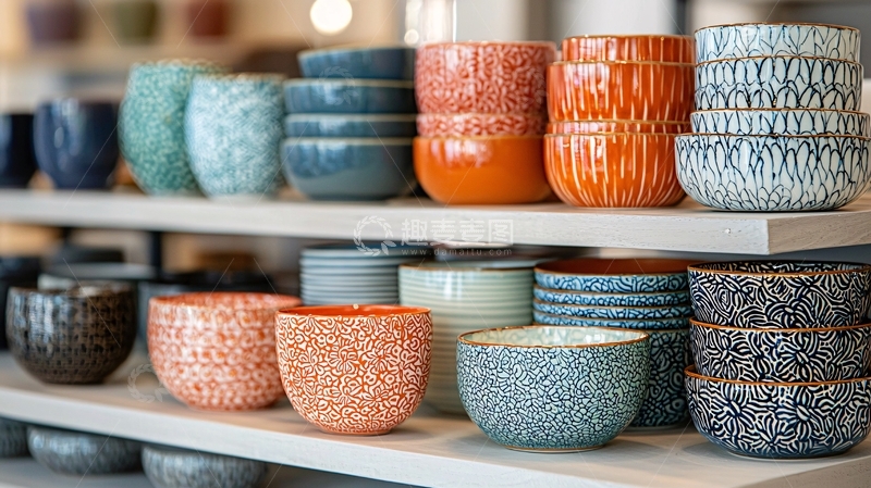 高清大图下载【趣麦麦图】彩色陶瓷碗排列在木架上