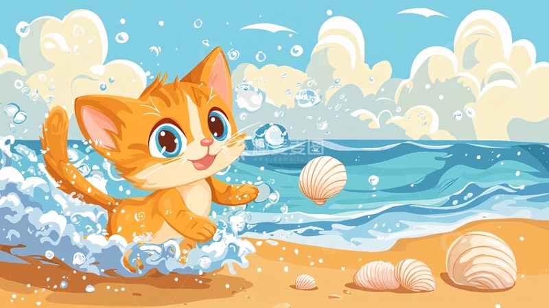 高清大图下载【趣麦麦图】沙滩上玩耍的小猫