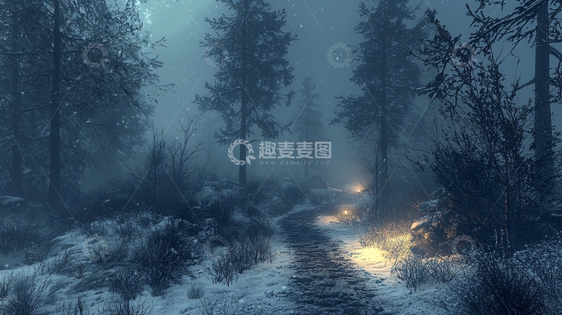 高清大图下载【趣麦麦图】雾蒙蒙的雪夜森林