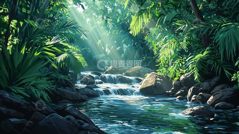 高清大图下载【趣麦麦图】热带雨林中的溪流