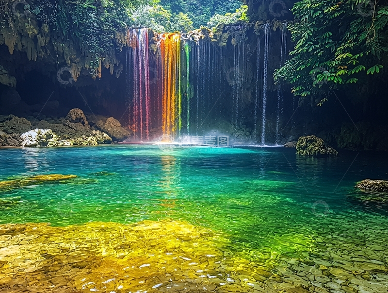 高清大图下载【趣麦麦图】彩虹瀑布下的清澈水潭