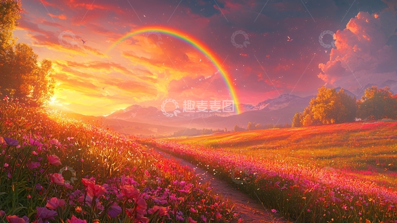 高清大图下载【趣麦麦图】绚丽日落下的彩虹田野
