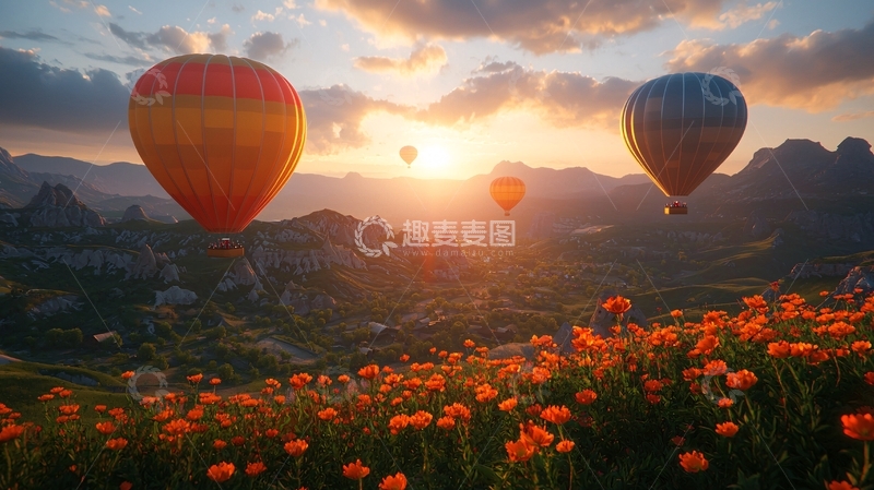 高清大图下载【趣麦麦图】热气球飞过花田的日落