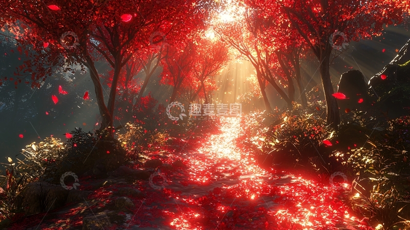 高清大图下载【趣麦麦图】红色树木和花瓣铺满地面