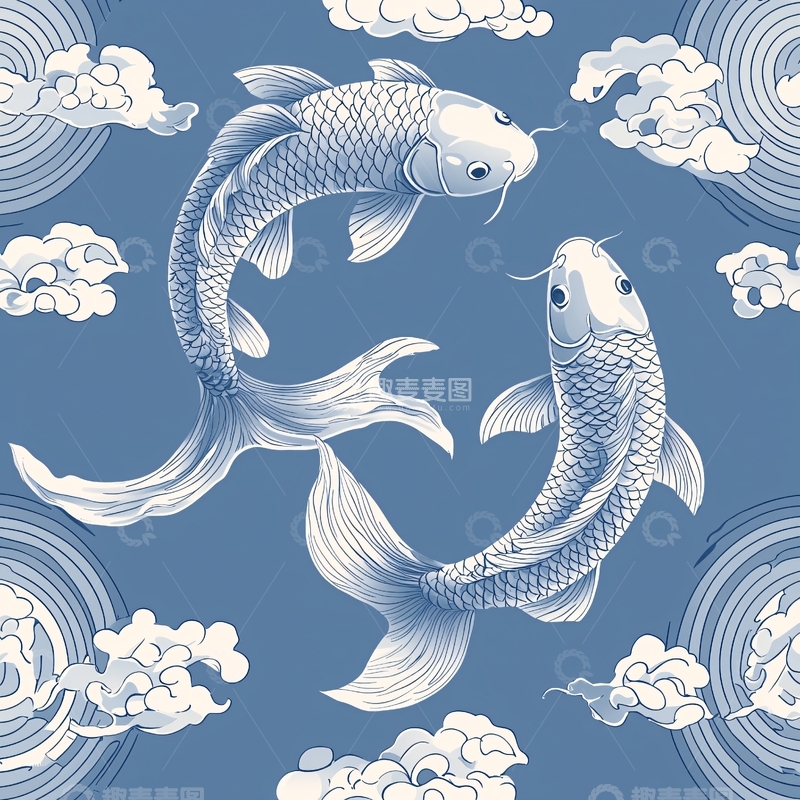 高清大图下载【趣麦麦图】锦鲤水墨蓝白色祥云背景图