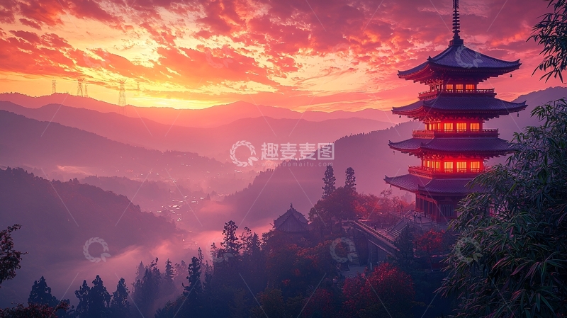 高清大图下载【趣麦麦图】日落下的日式宝塔