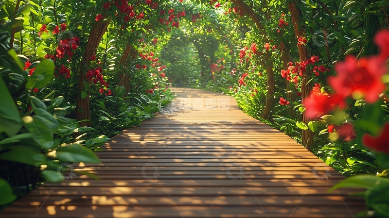 高清大图下载【趣麦麦图】林间小路鲜花盛开