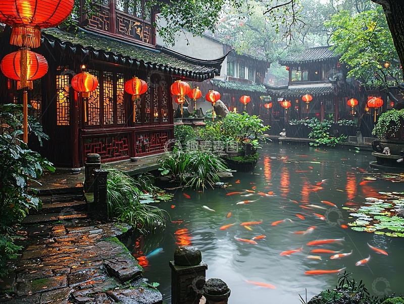 高清大图下载【趣麦麦图】中式庭院鱼池灯笼夜景