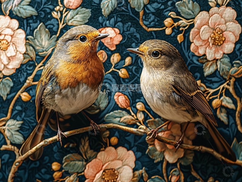 高清大图下载【趣麦麦图】鸟儿栖息在花丛中