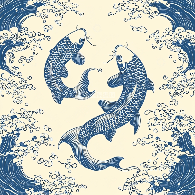 高清大图下载【趣麦麦图】双鱼青花瓷风格