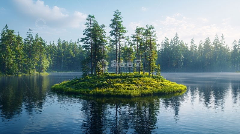 高清大图下载【趣麦麦图】湖中小岛绿树成荫