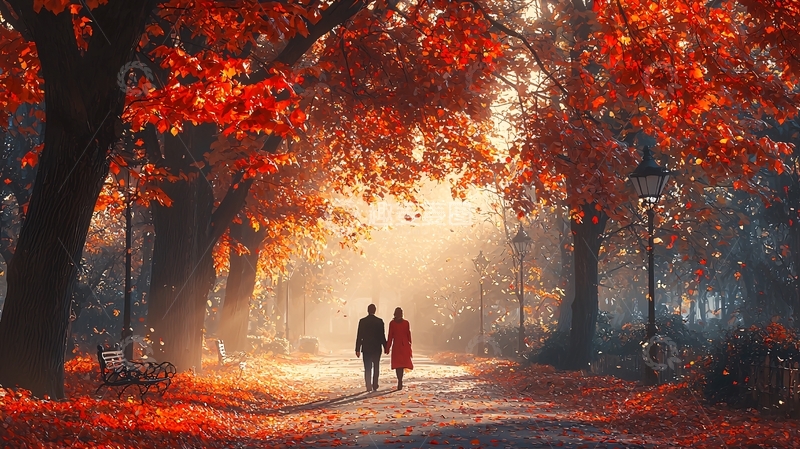 高清大图下载【趣麦麦图】秋日公园情侣漫步