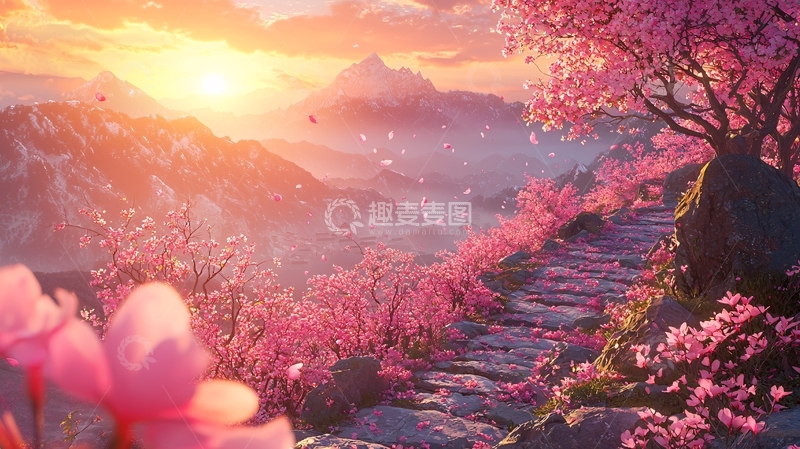 高清大图下载【趣麦麦图】春日樱花山路日出美景