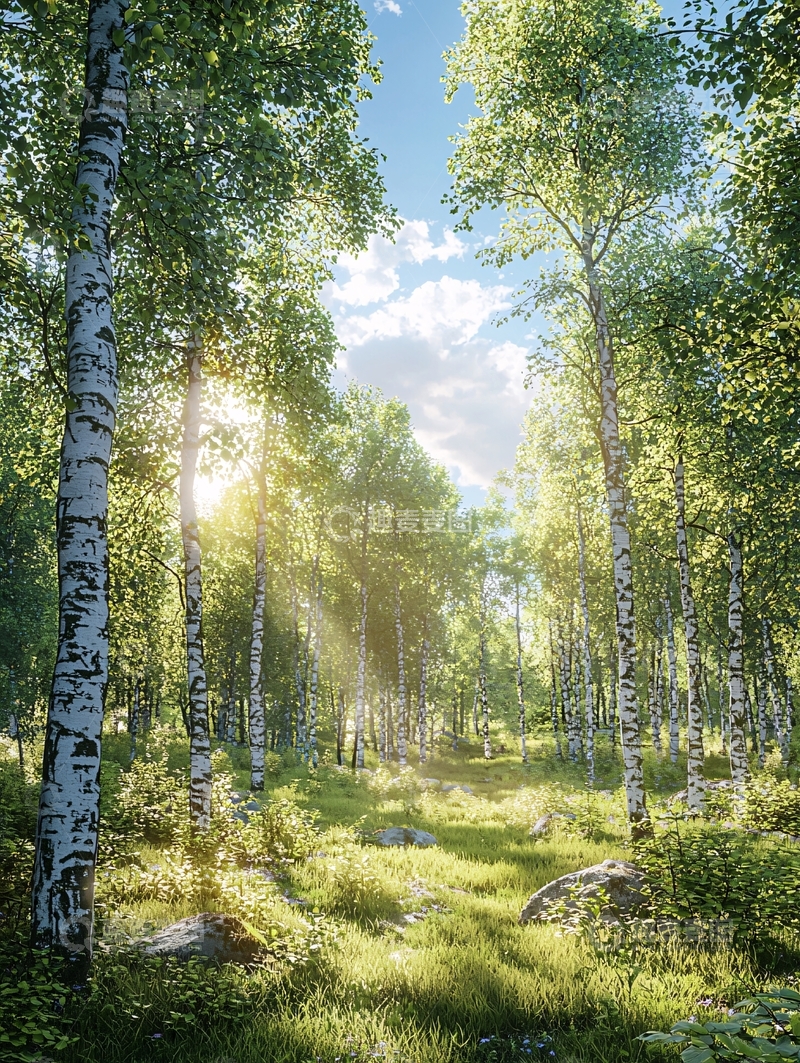 高清大图下载【趣麦麦图】阳光穿透桦树林